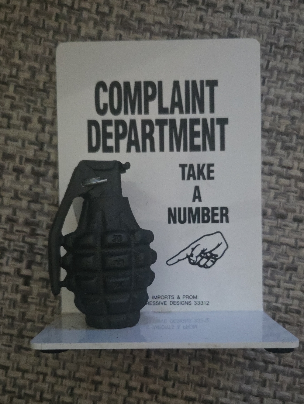 Novelty Grenade Paperweight with 'Complaint Department' Backing - Black